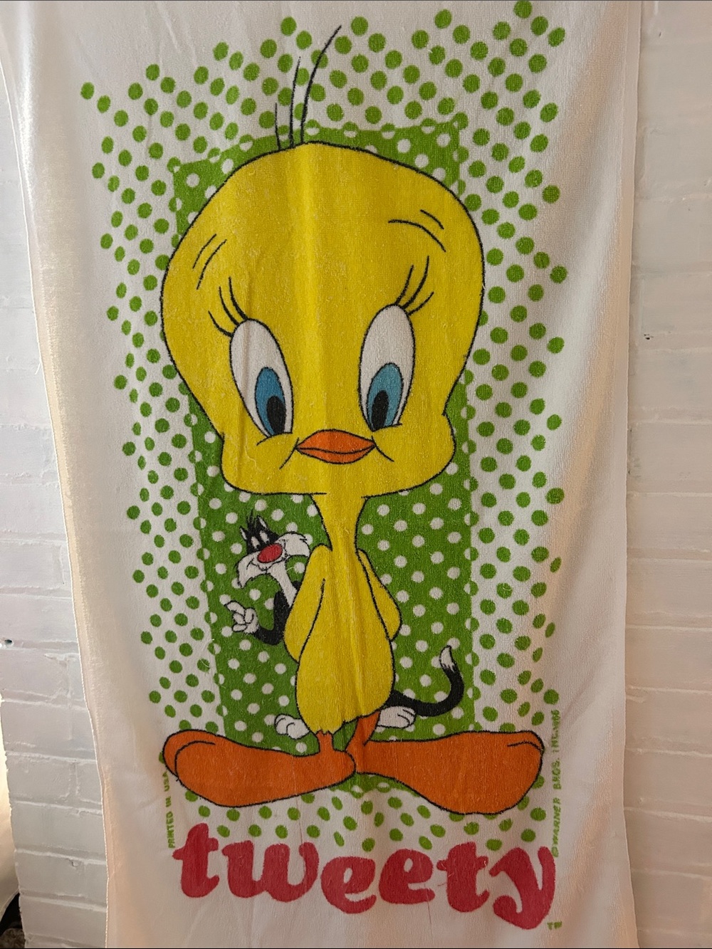 vintage 1980s Warner Bros. Looney Tunes beach towel Tweety Bird and Sylvester